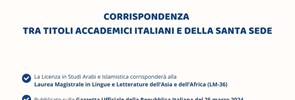 Corrispondenza tra i titoli accademici italiani e della Santa Sede: pubblicato il Decreto Sulla Gazzetta Ufficiale della Repubblica Italiana del 25 marzo 2024, è stato pubblicato il Decreto con la Tabella di corrispondenza tra i titoli accademici italiani e della Santa Sede